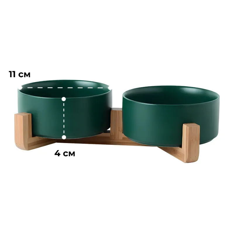 Миска керамическая на подставке ДВОЙНАЯ ЗЕЛЕНАЯ (0.3л)