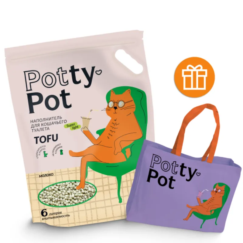 Potty-pot Супер лайт Молоко наполнитель ТОФУ 1.6кг(6л) + Шоппер